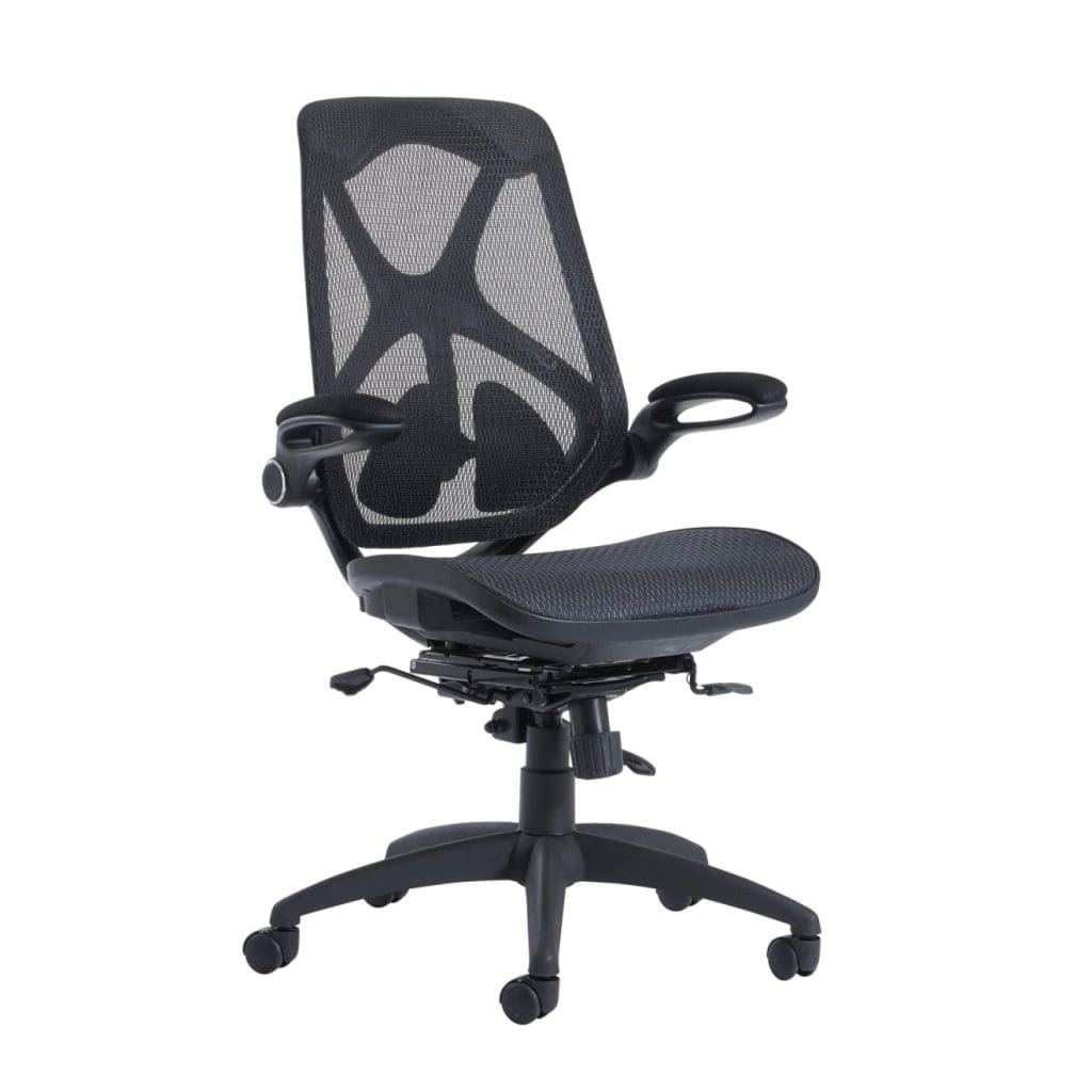 Napier mesh operator chair with chrome base, pivot arms and seat slide