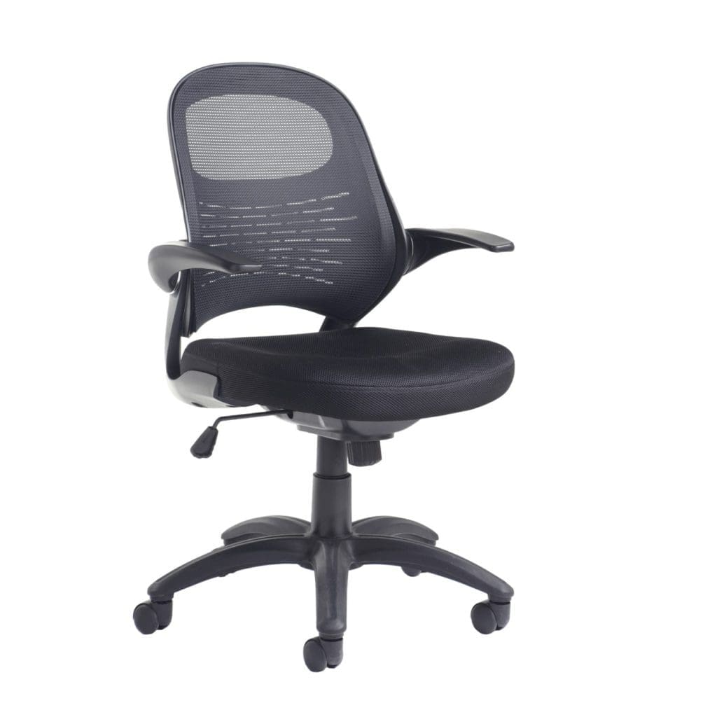 Black Orion mesh chair with pivot arms and waterfall seat design