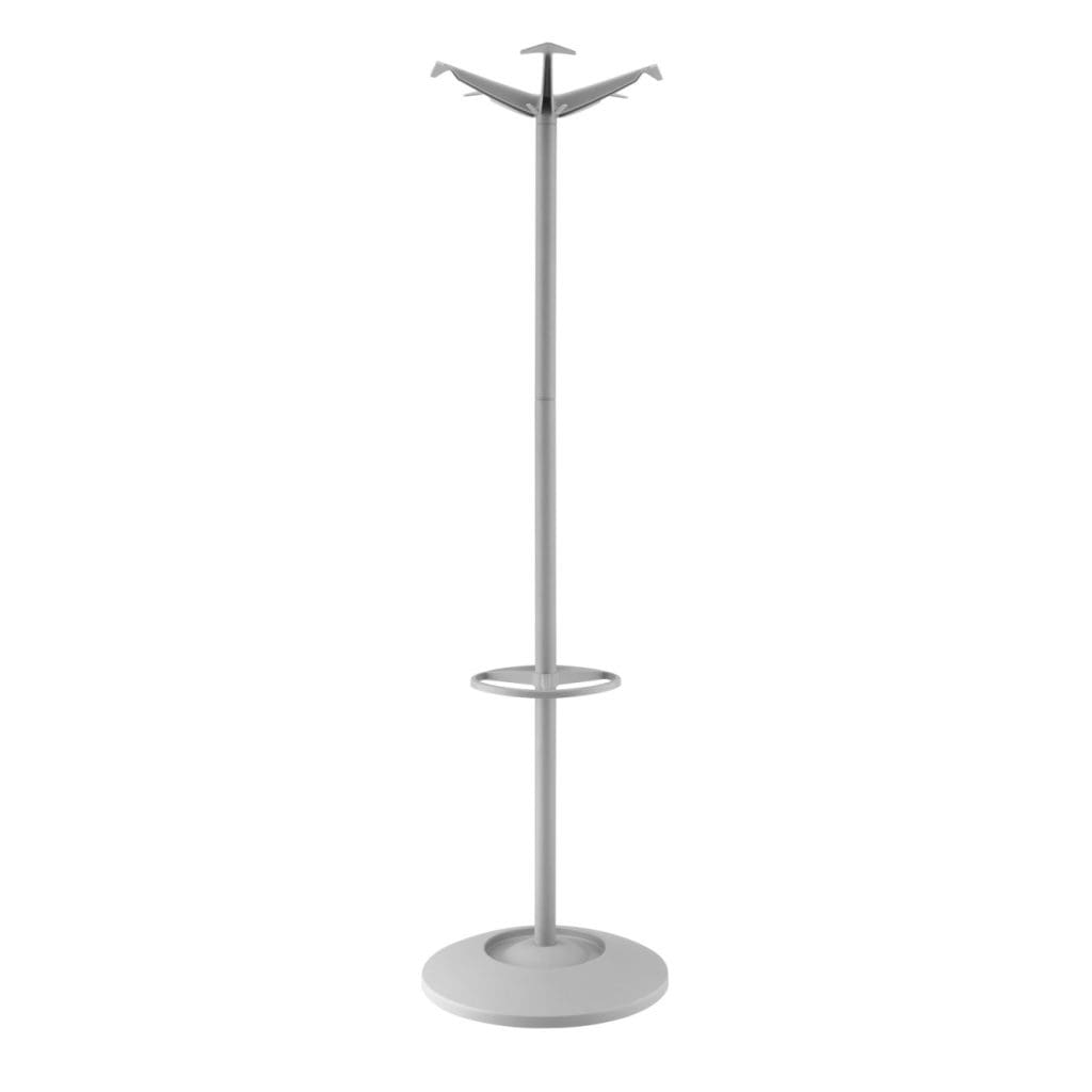 Modern grey coat and umbrella stand with drip tray and rounded hooks in office setting
