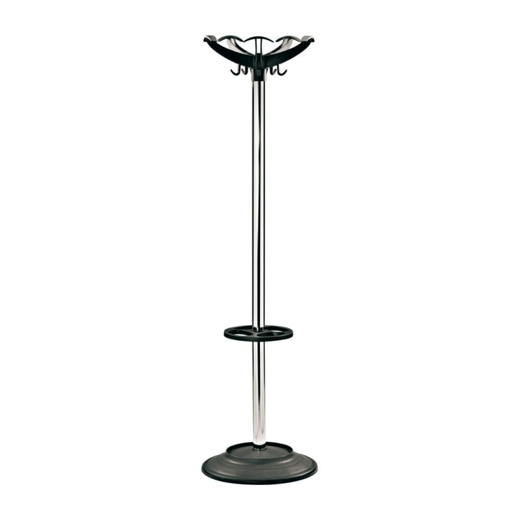 Black and chrome designer coat and umbrella stand with drip tray in modern office reception