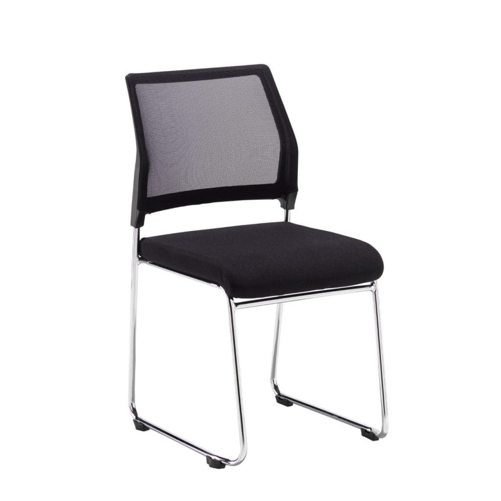 Quavo mesh chair with black fabric seat, chrome sled base and breathable back
