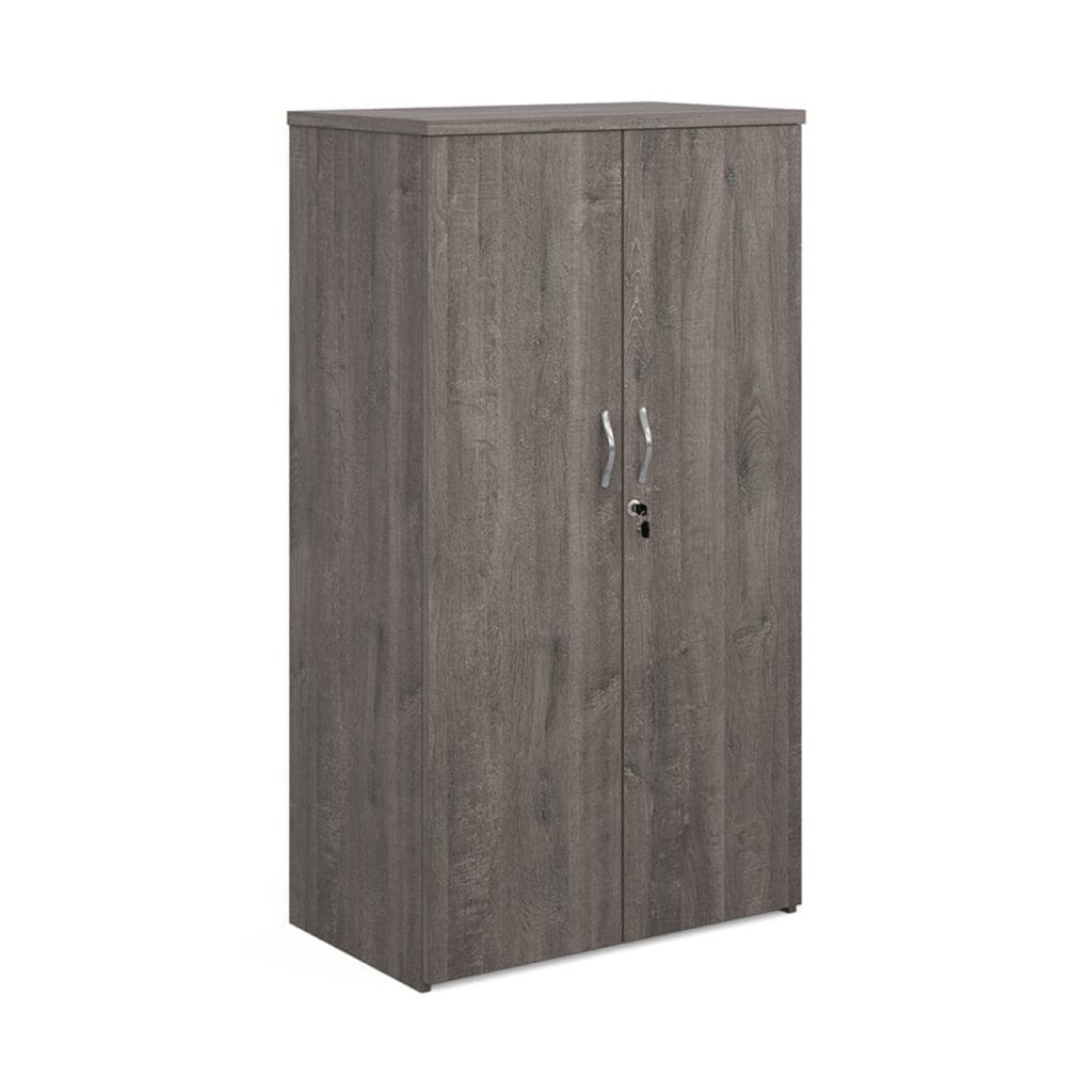 Wooden cupboard in grey oak finish with double doors and silver curved handles in executive office