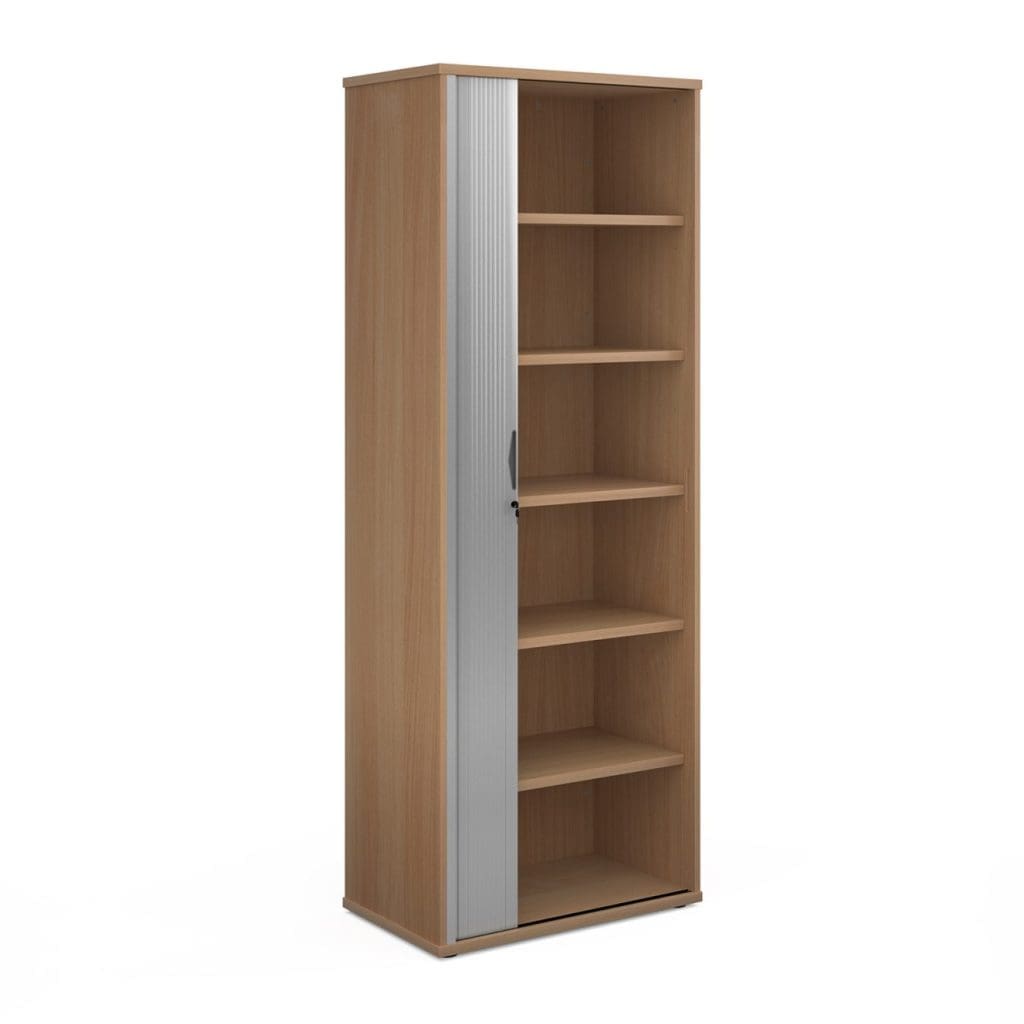 Wood tambour door cupboard with silver sliding door and lock in modern office setting