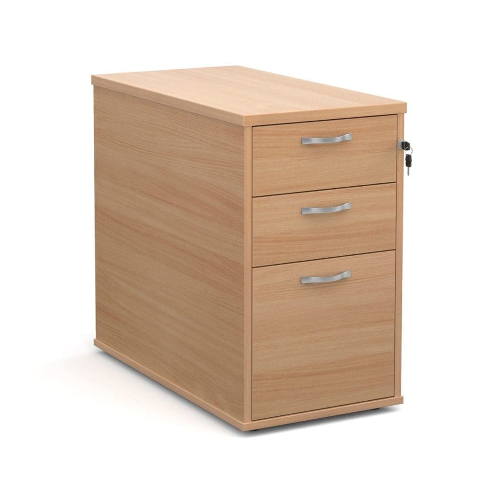 Desk high 3-drawer pedestal in grey oak finish with graphite handles placed beside executive office desk