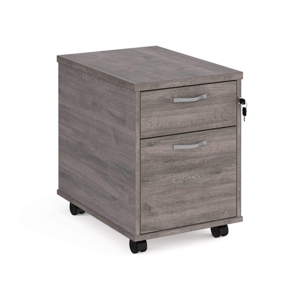 2-drawer mobile pedestal in white finish with silver handles under office desk with castors