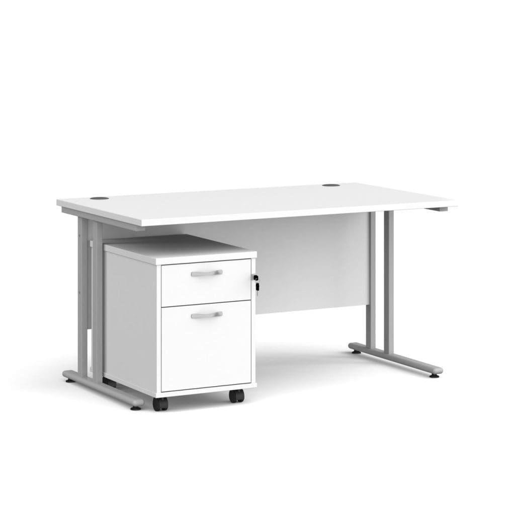 Maestro 25 office desk with cantilever legs and matching two-drawer pedestal