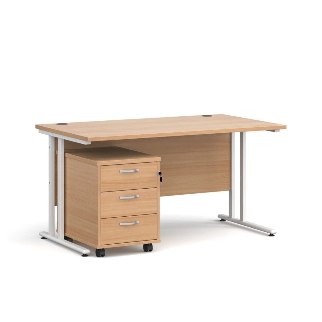 Maestro 25 rectangular desk with cantilever legs and two-drawer mobile pedestal in modern office setup