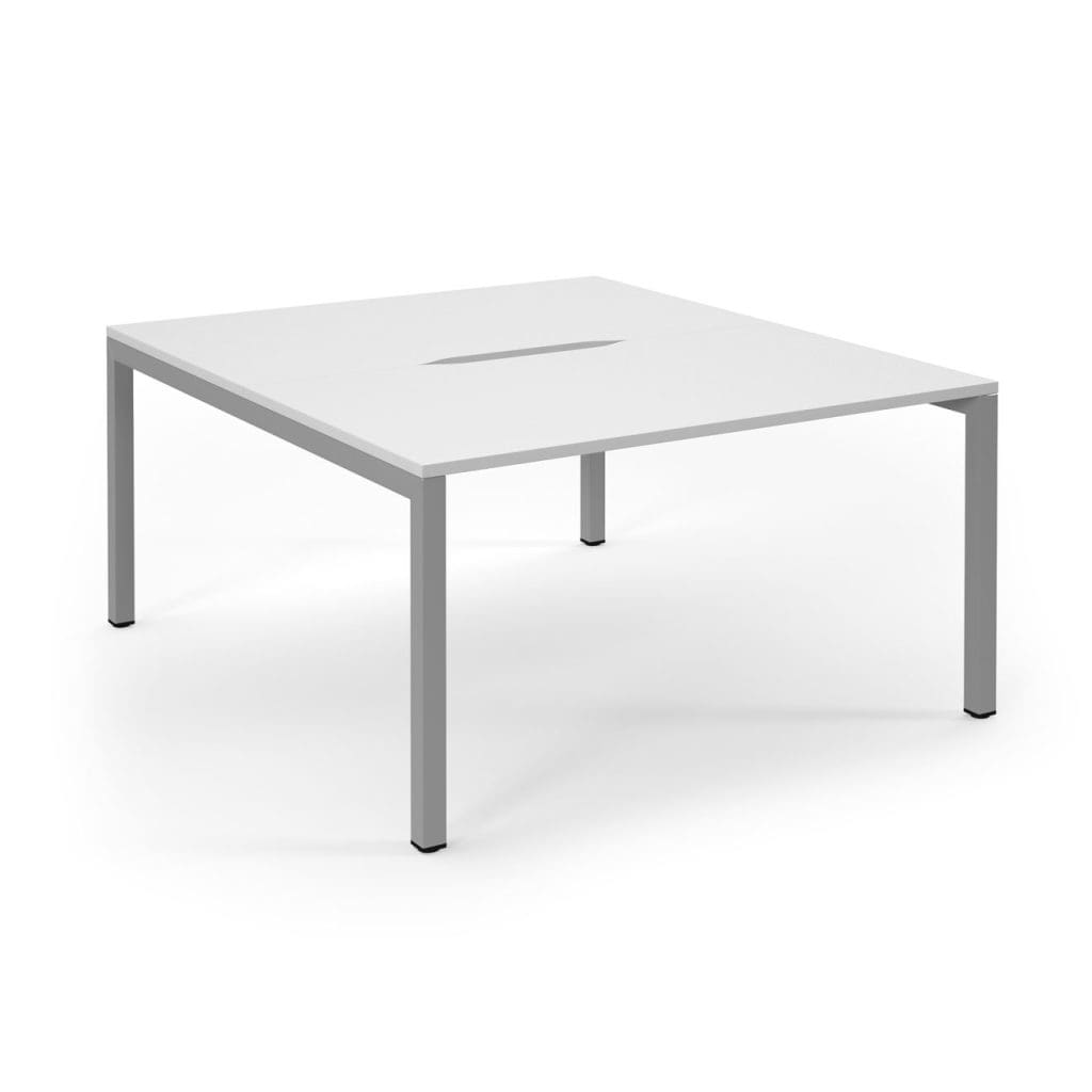 Back to back desk with scalloped tops and shared steel frame for 2-person office setup