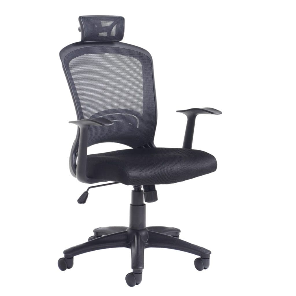 Solaris mesh back office chair with black fabric seat and pivoting headrest