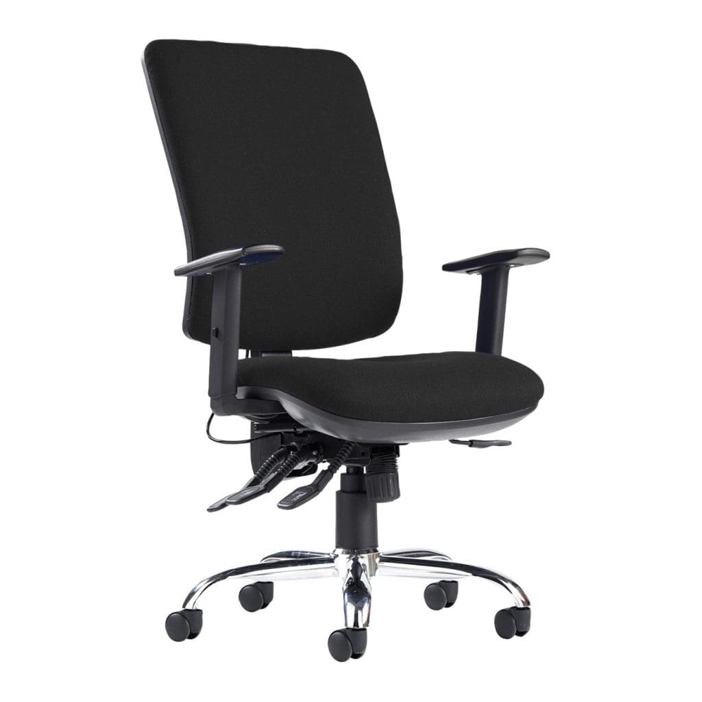 24-hour ergonomic task chair with adjustable arms, high back, and black fabric upholstery