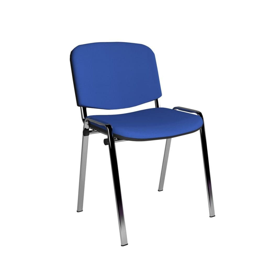 Upholstered meeting chair with black steel frame stacked in training room setup