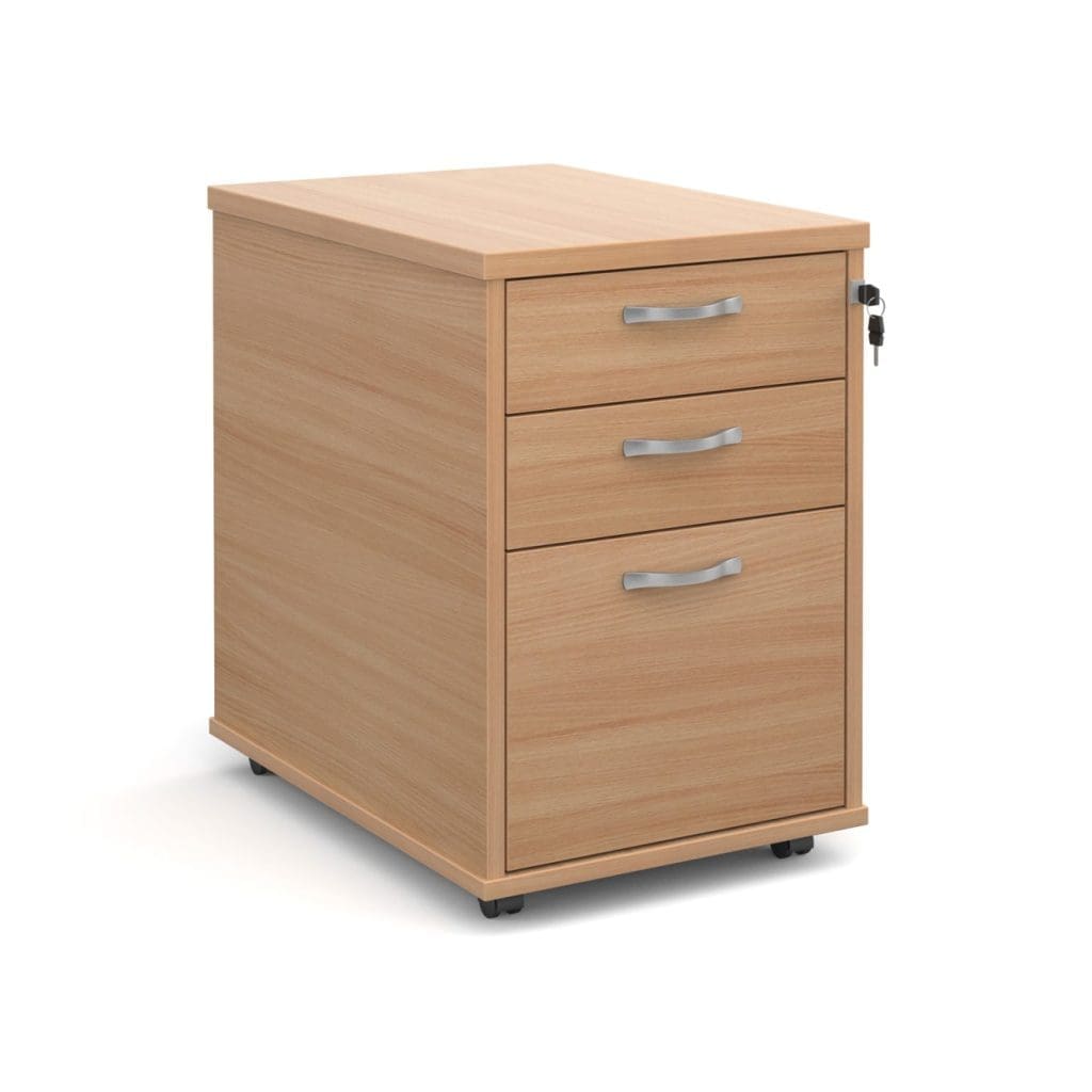 Maestro mobile pedestal with silver handles and castors in wood finish under desk
