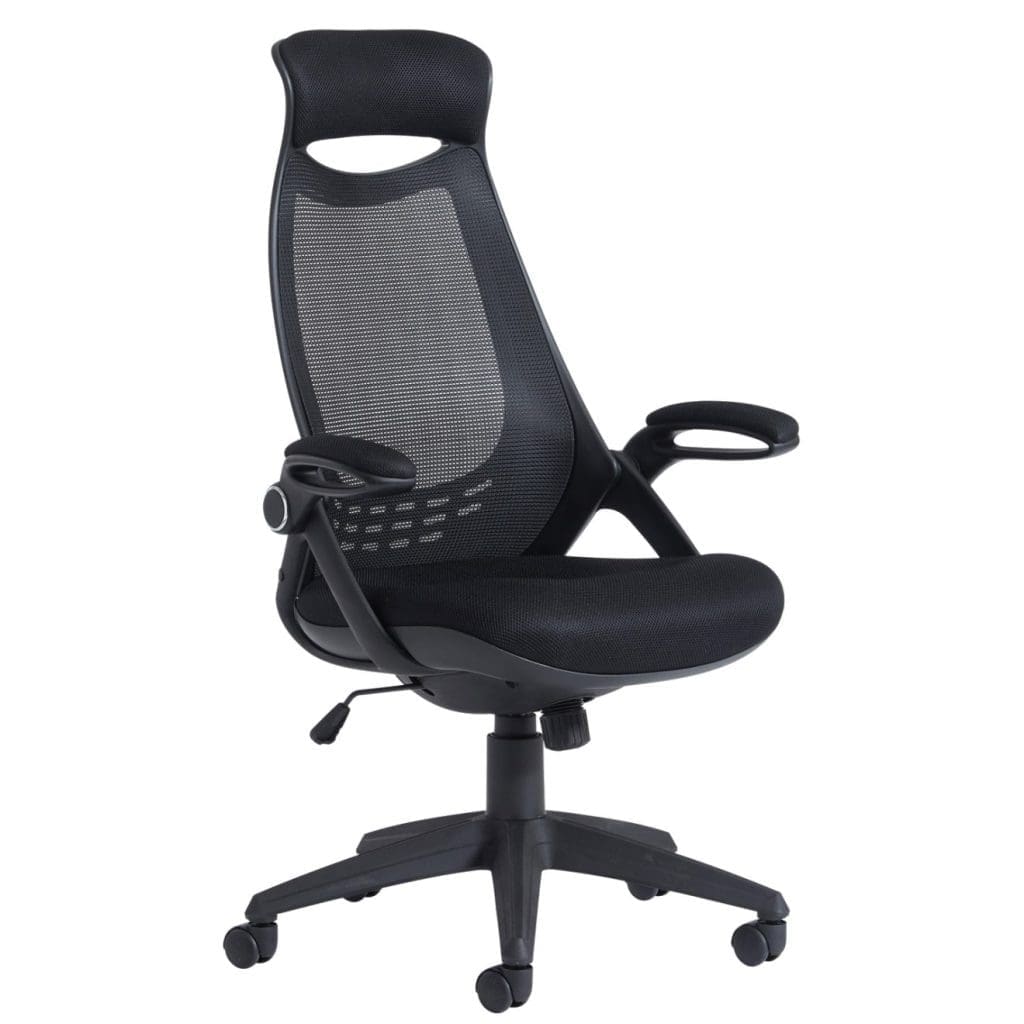 Black mesh Tuscan office chair with headrest and pivot arms on nylon base