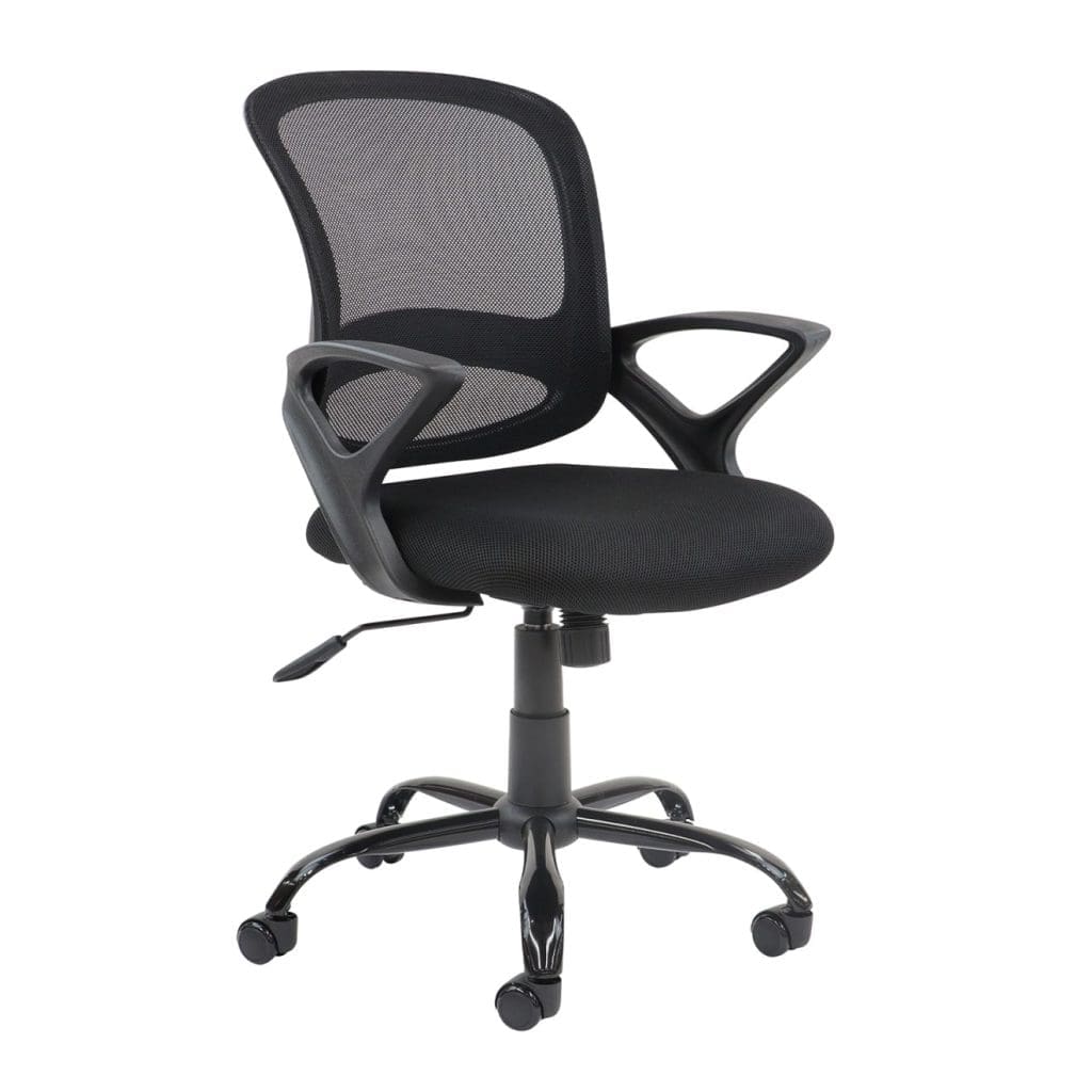 Tyler task chair with white mesh frame, black seat pad, and angular arms