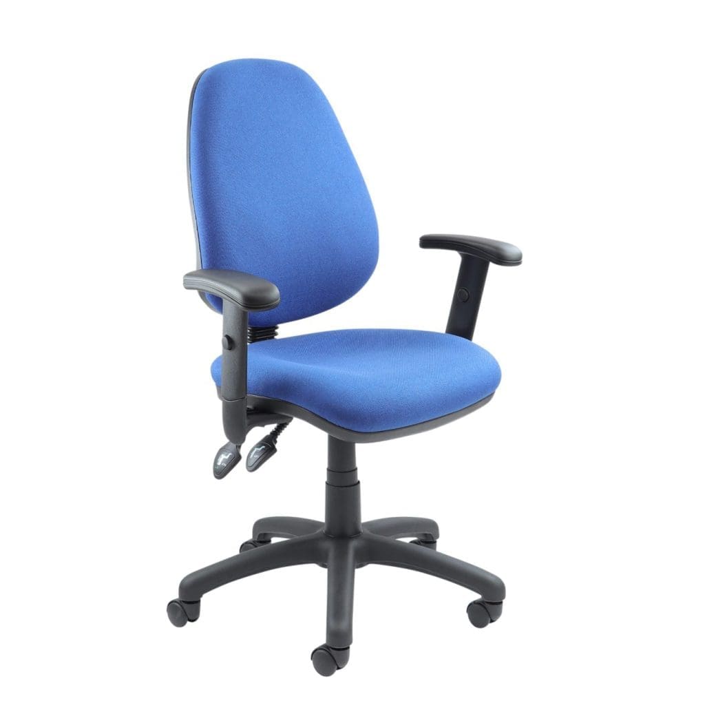 Fabric office chair with high back and padded seat in blue upholstery