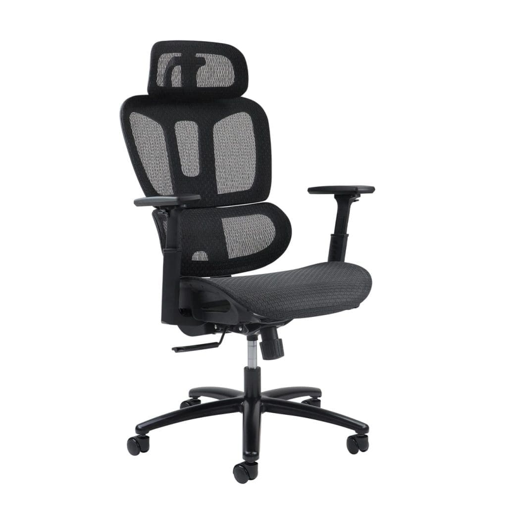Ergonomic task chair with split back, adjustable headrest, and 5-star base in black