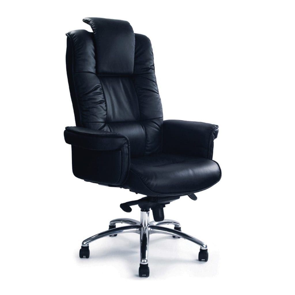 Luxurious gull-wing executive chair with adjustable headrest and chrome base