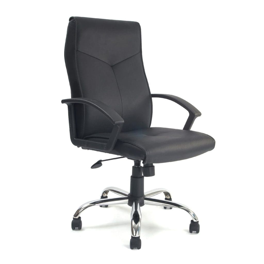 Leather faced high back executive armchair with chrome base and fixed arms