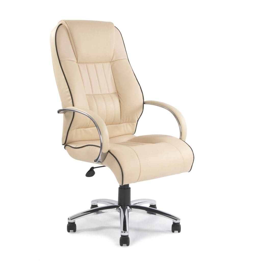High back leather faced executive armchair with contrasting piping and chrome base