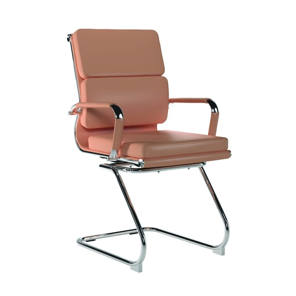 Medium back leather cantilever chair with twin-panel back cushions and chrome frame