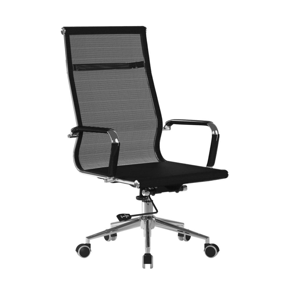 High back executive armchair with mesh upholstery and chrome frame