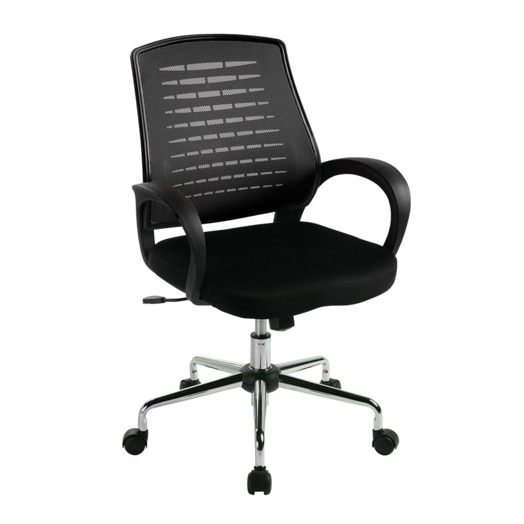 Mesh back operator chair with upholstered seat and chrome base in office setup