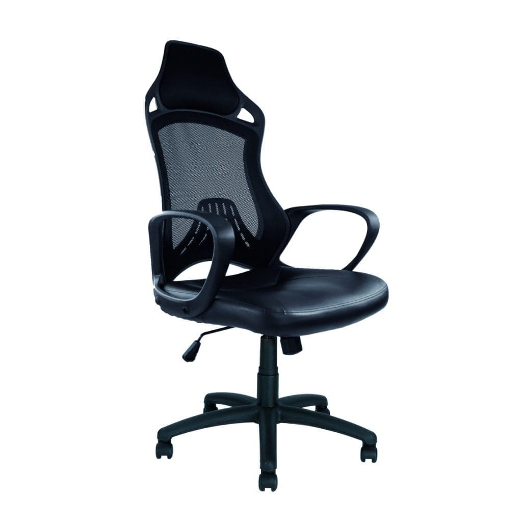 Slim high back designer mesh armchair with headrest and fixed lumbar support
