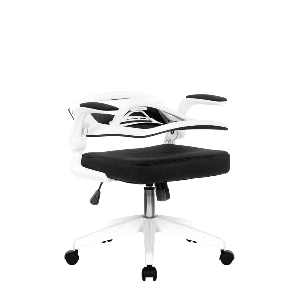 Folding mesh chair with upholstered arms, white back shell, and nylon base on castors