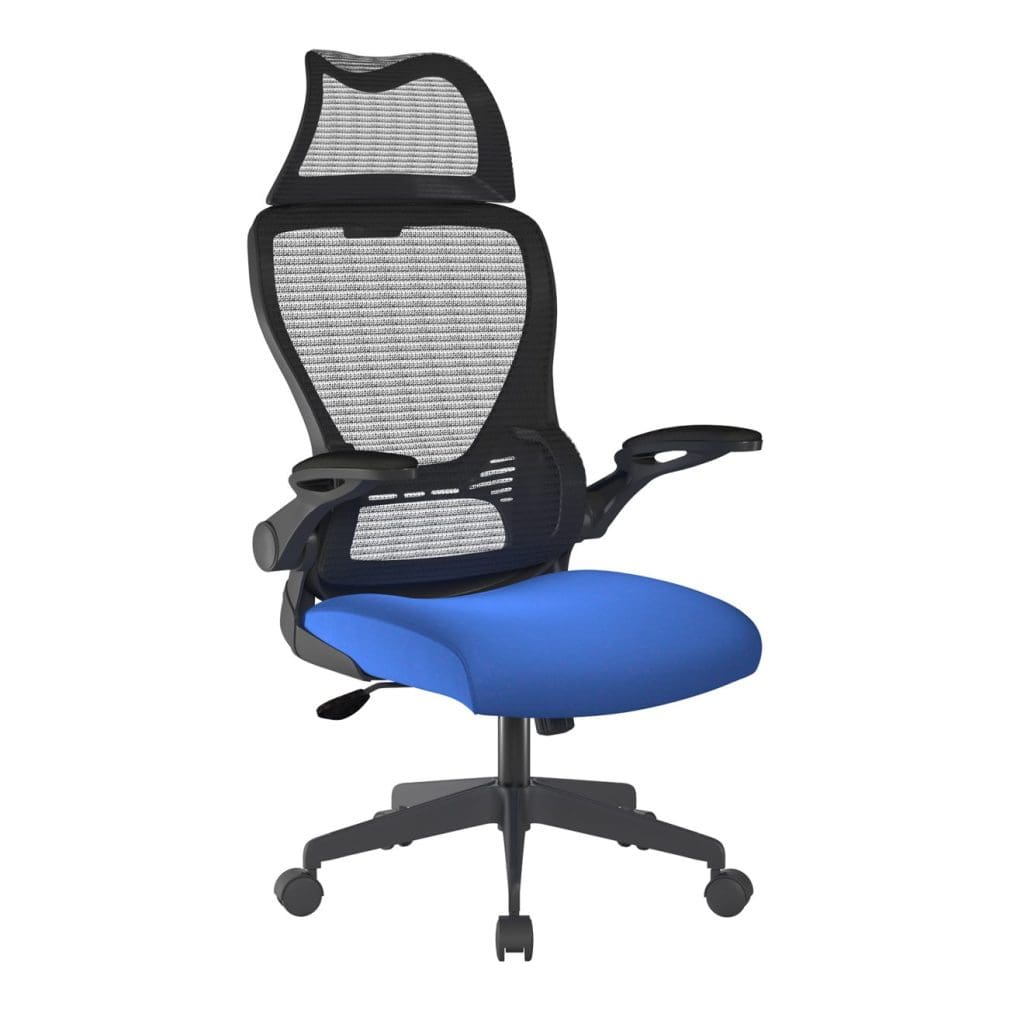 Black high back mesh office chair with moulded seat and folding arms on 5-star nylon base