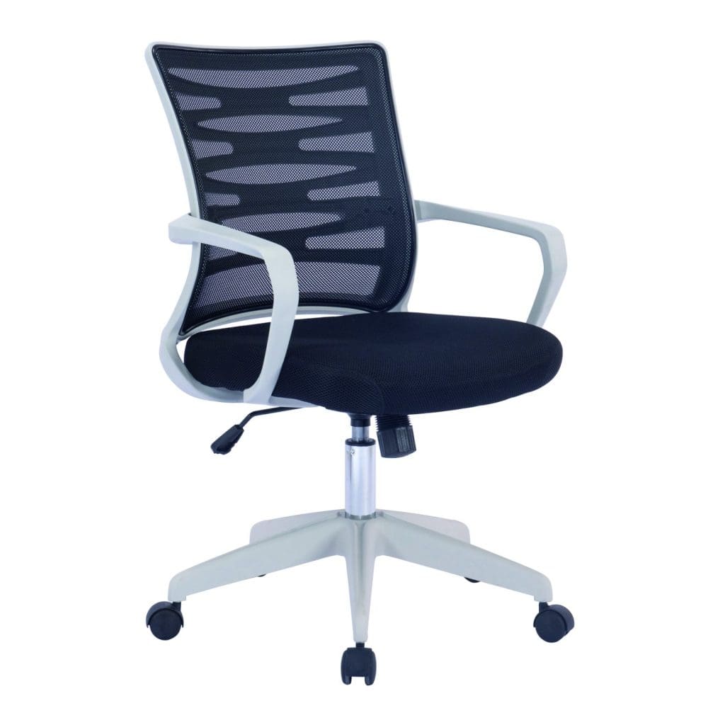 Black mesh office chair with fixed arms and five-star base