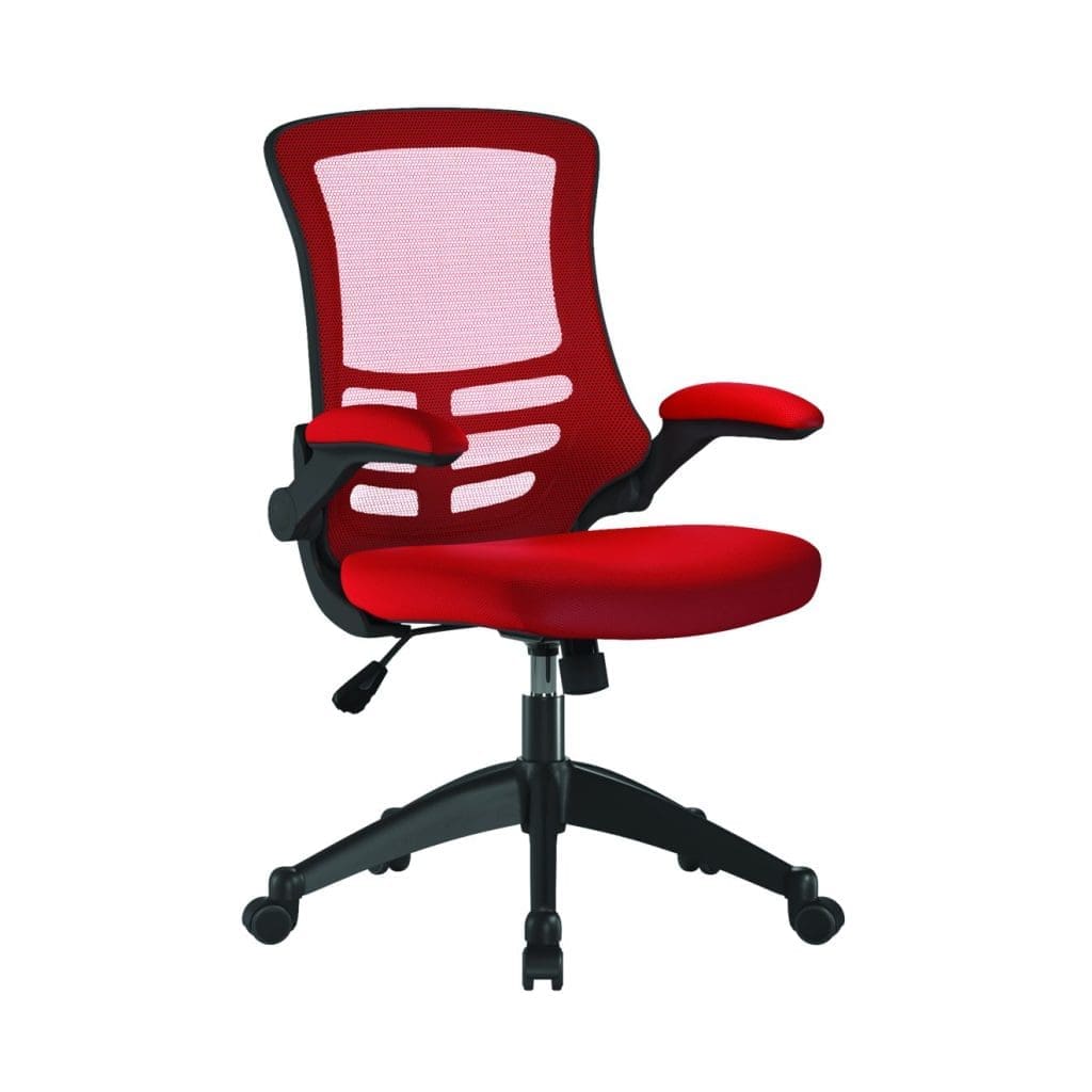 Designer mesh back chair with folding arms and black frame for office use