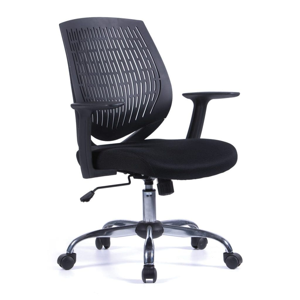 Flexible back designer armchair with chrome base and T-shaped arms in office setting