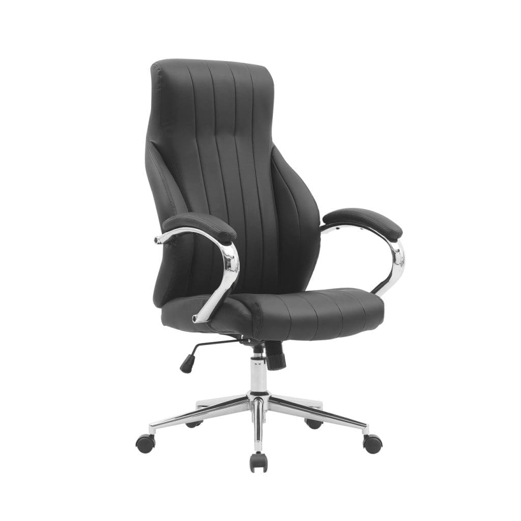 Leather faced executive chair with padded arms and S-shaped back