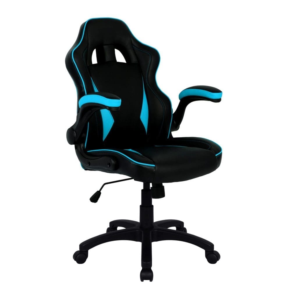 Ergonomic gaming chair with folding arms, lumbar support, and racing-style design