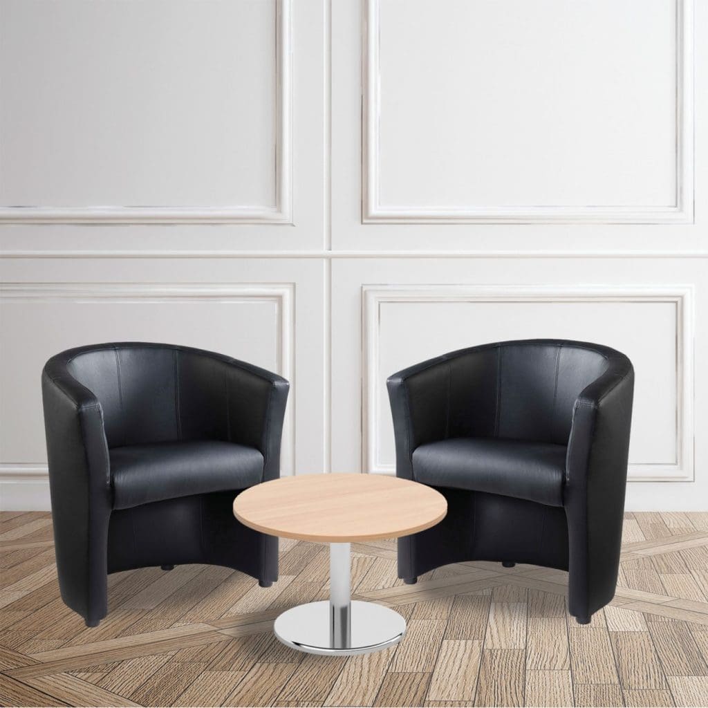 Tub Chairs Coffee Table Bundle with black faux leather chairs and beech coffee table in office reception
