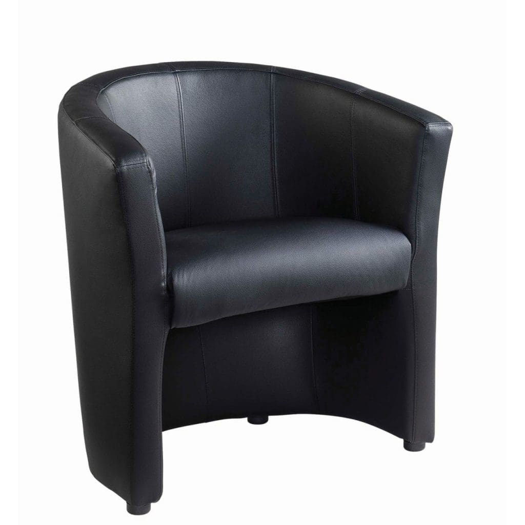 London tub chair in black faux leather with high-back design