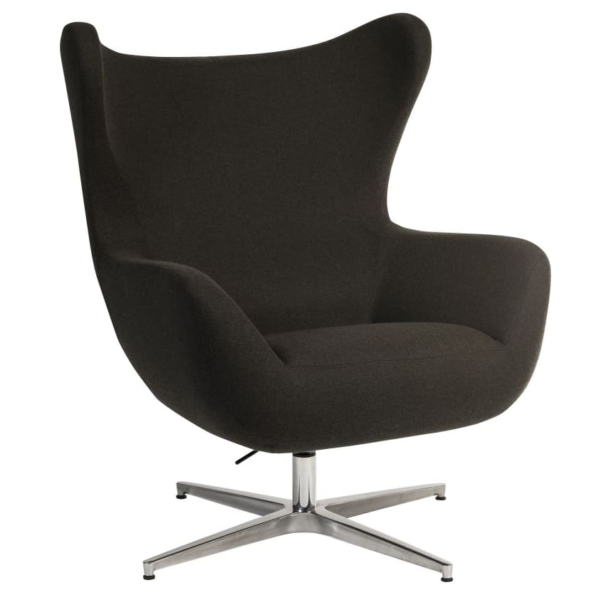 Modern lounge armchair with high back, curved winged armrests, and polished aluminium base