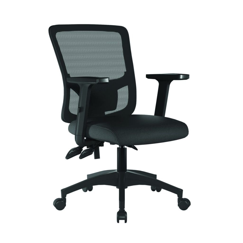 Medium back mesh office chair with 3 lever adjustment, black fabric seat, and height-adjustable arms