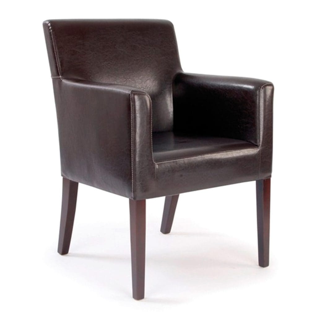 Modern cubed armchair with leather effect upholstery and mahogany stained legs