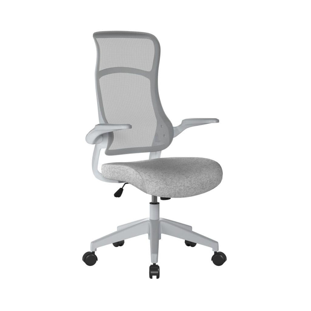 Romsey high back white frame mesh chair with fold-back arms and breathable back support