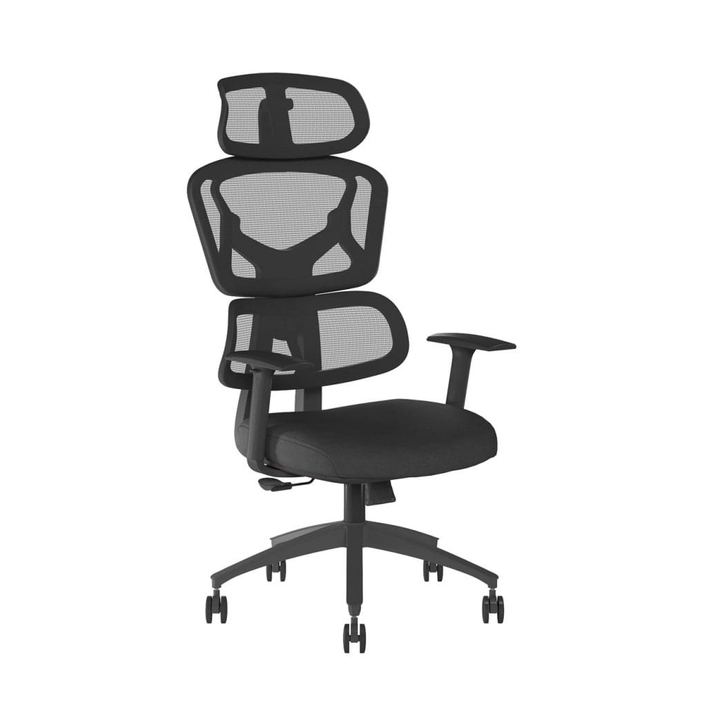 Trinity ergonomic mesh chair with dual-panel backrest, adjustable headrest, and tension control