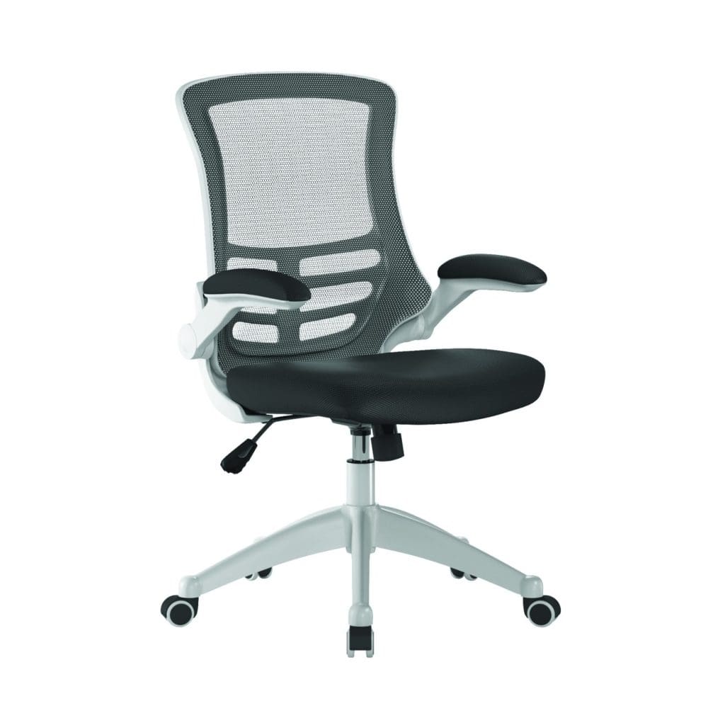 High back mesh office chair with white frame, folding arms, and black base