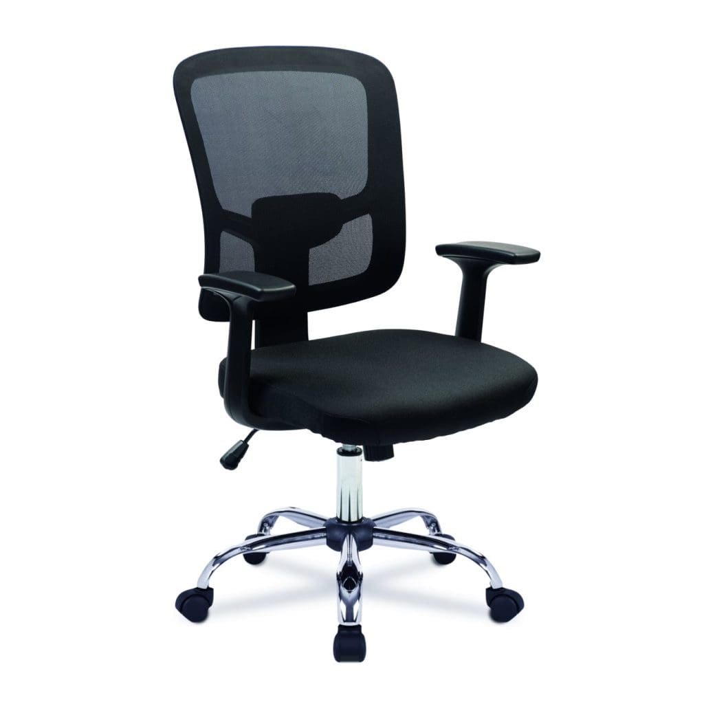 High back mesh office chair with chrome base and fixed T-section arms